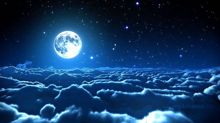Luna llena brillante en un cielo estrellado con nubes en la parte inferior.