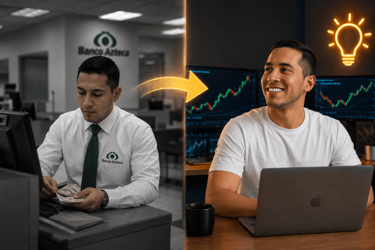 Hombre feliz con análisis de trading en su computadora portátil.