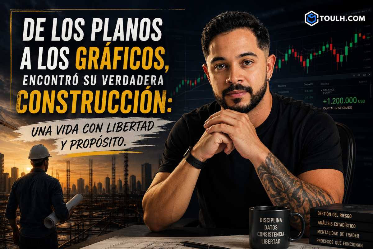 Hombre en primer plano con gráficos de trading y construcción en el fondo.