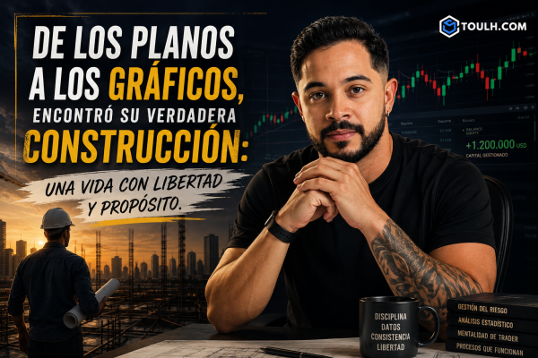 Hombre en primer plano con gráficos de trading y construcción en el fondo.