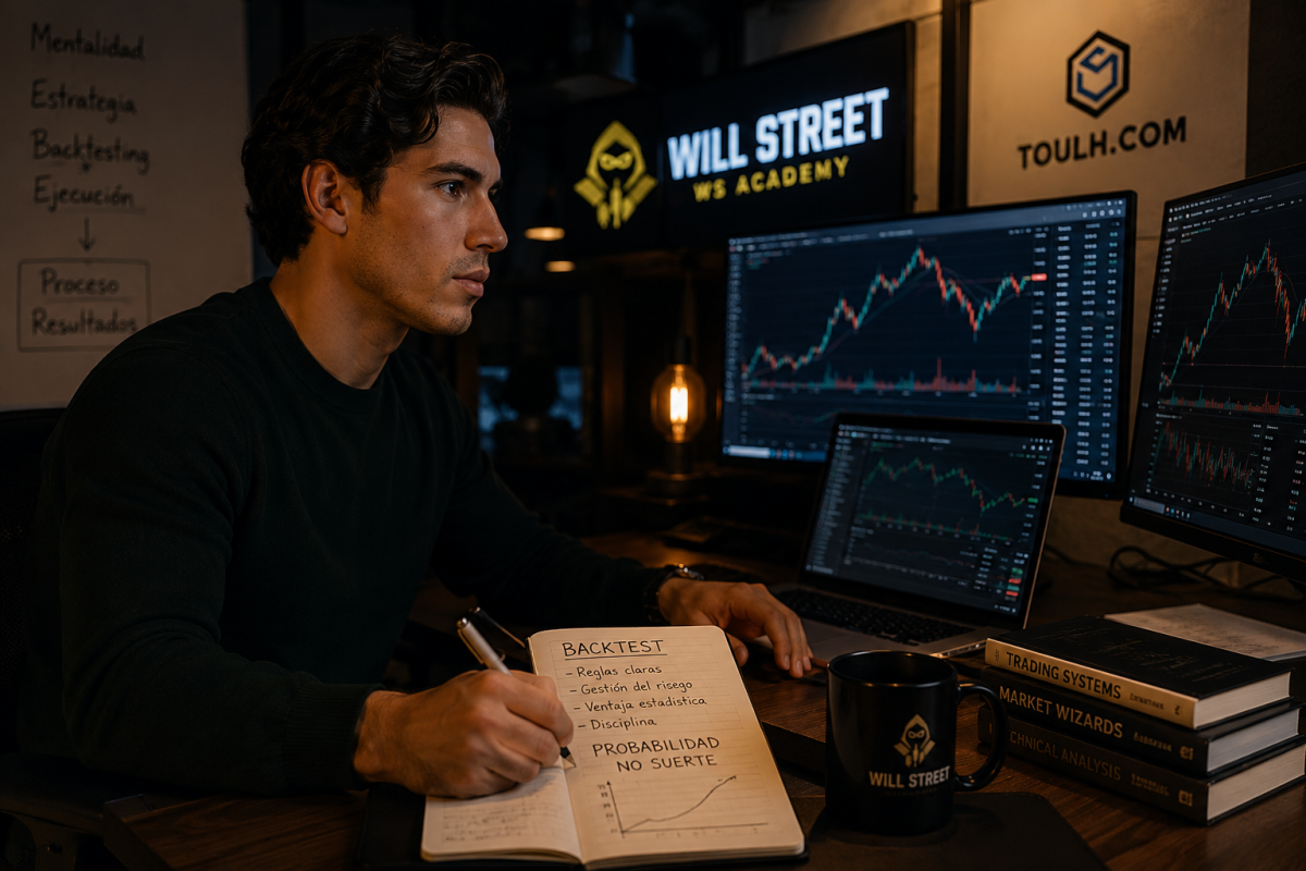Joven trader analizando gráficos en múltiples pantallas en un entorno de trading.