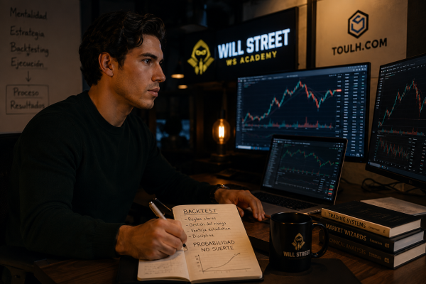 Joven trader analizando gráficos en múltiples pantallas en un entorno de trading.