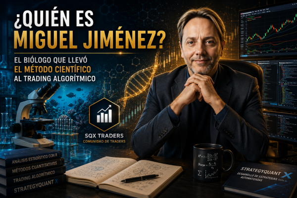 Miguel Jiménez, experto en trading algorítmico y biología, en su oficina con pantallas de análisis.