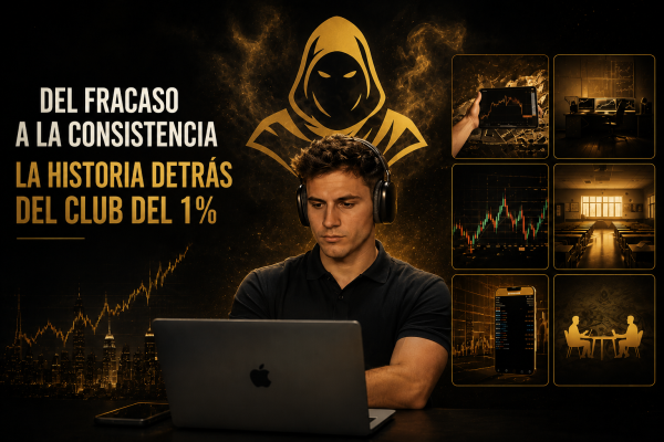 Joven trader con auriculares frente a laptop, fondo oscuro con gráficos y símbolos de trading.