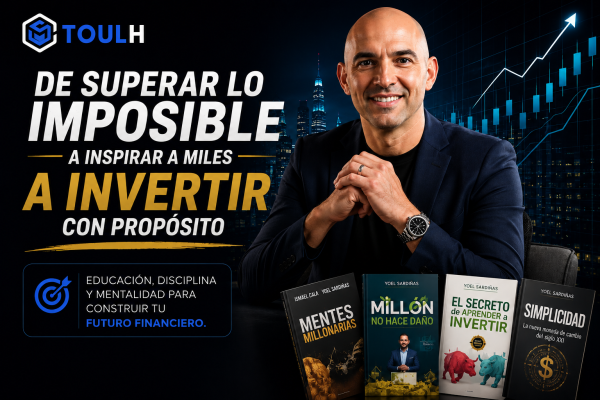 Yoel Sardiñas en un entorno de trading con gráficos y libros de inversión.