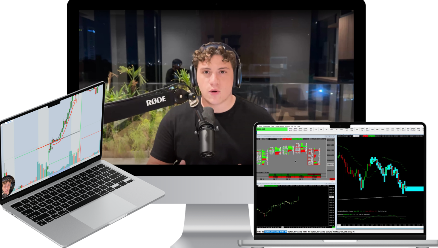 Analista de trading en vivo con múltiples pantallas y gráficos financieros.