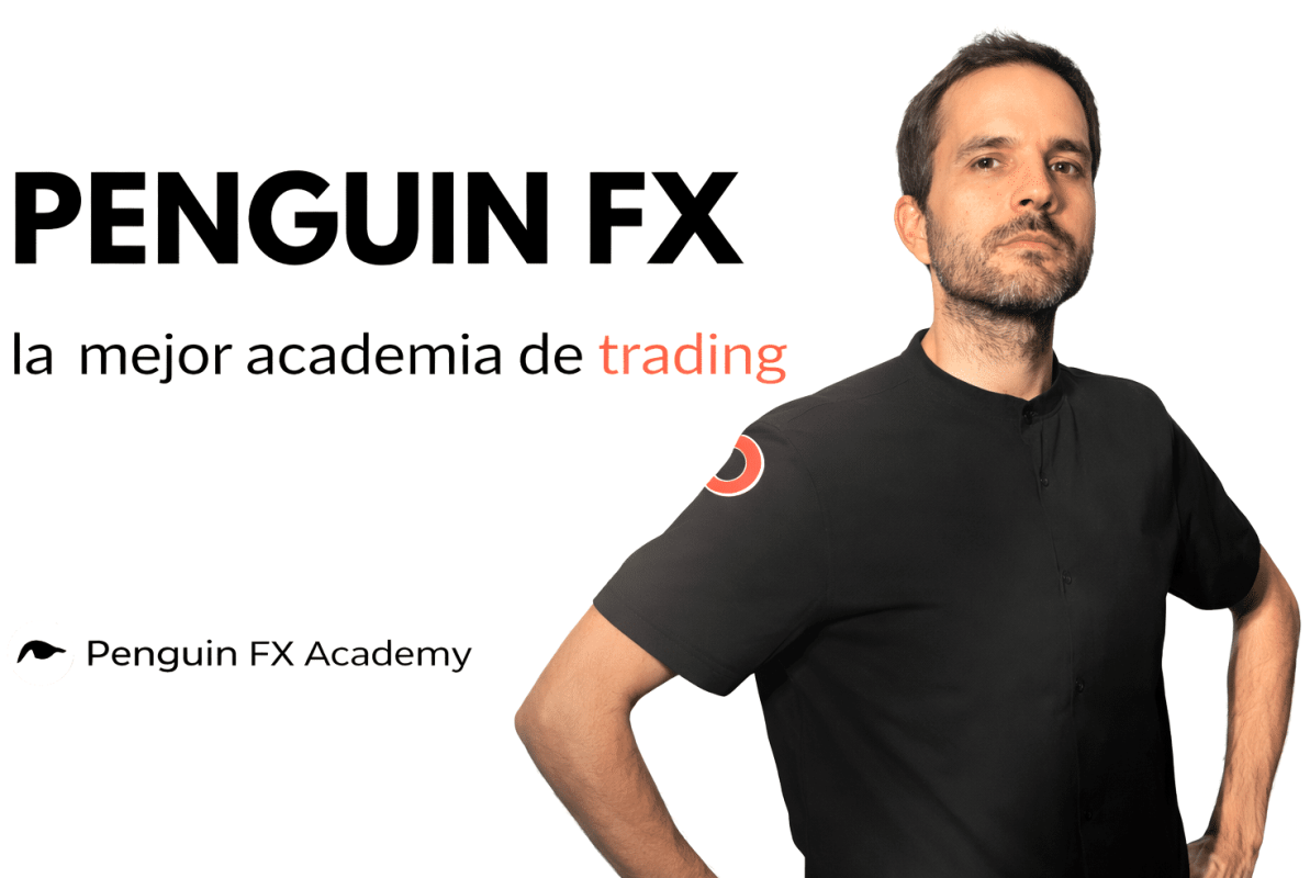 Hombre con camiseta negra en promoción de Penguin FX, academia de trading.