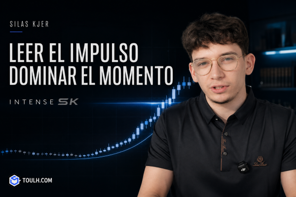 Joven trader con gafas frente a gráfico de trading en fondo oscuro.