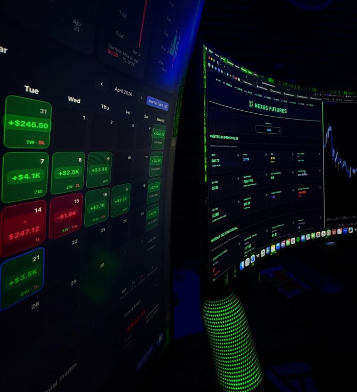 Pantallas de trading con gráficos y datos financieros en un entorno oscuro.