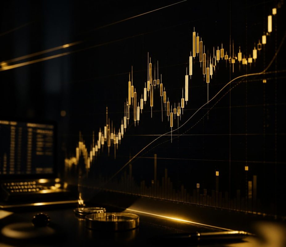 Gráfico de trading con tendencia alcista en pantalla digital.