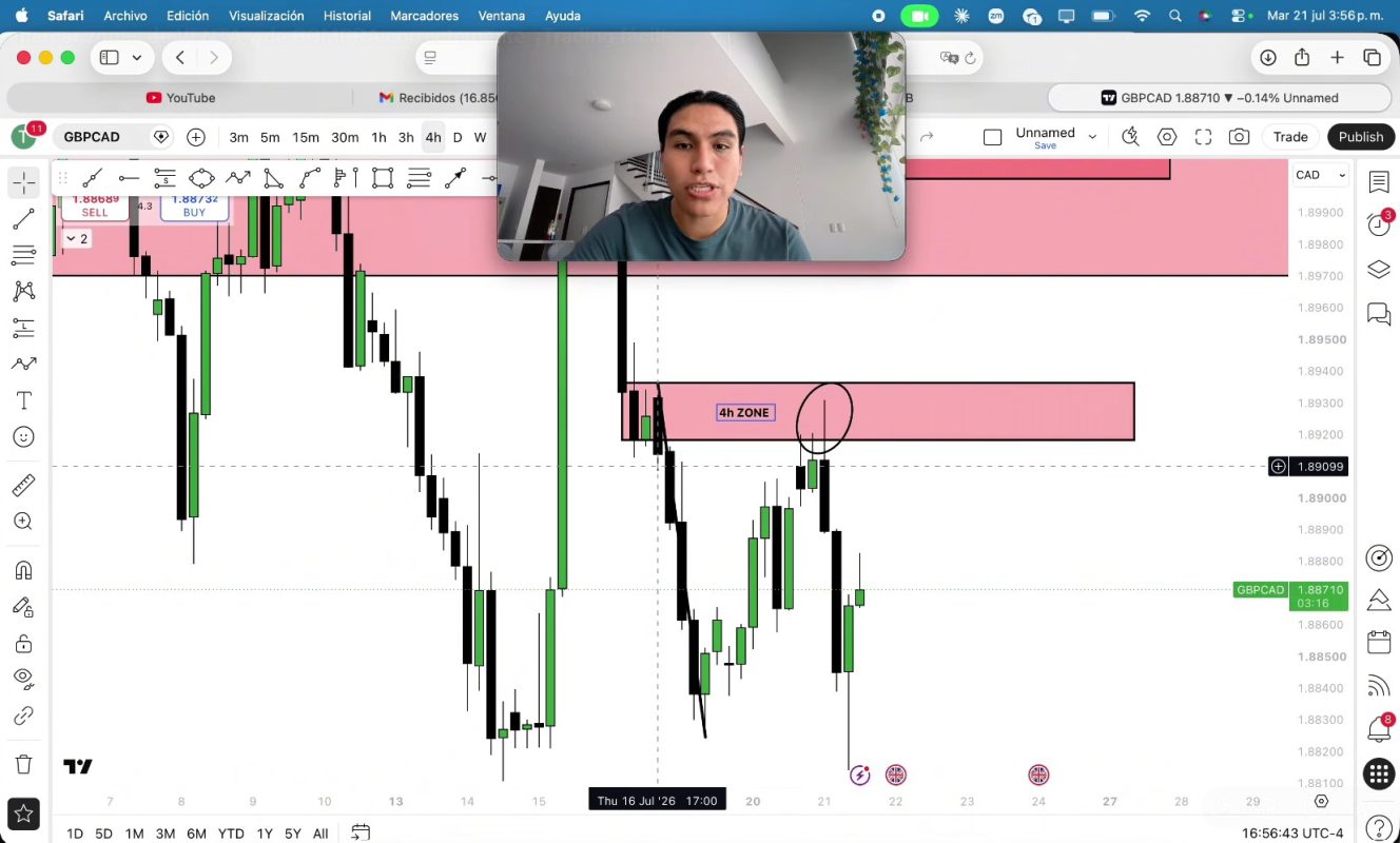 Análisis técnico de trading en gráfico de forex con indicador y zona de resistencia.