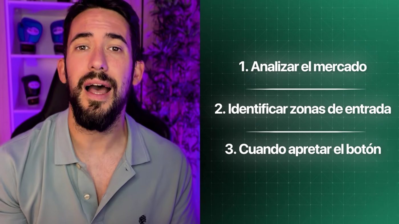 Instructor explicando pasos para trading en video educativo.