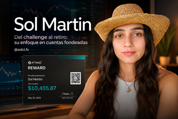 Sol Martin en un entorno de trading con pantalla de gráficos y certificado de recompensa.