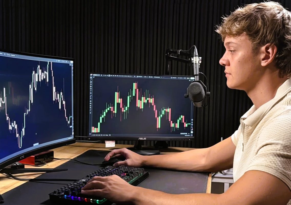 Joven trader analizando gráficos en doble monitor en su oficina.