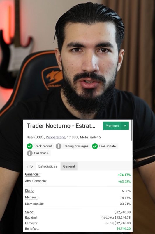 Joven trader con barba en oficina con equipo de trading y fondo oscuro.