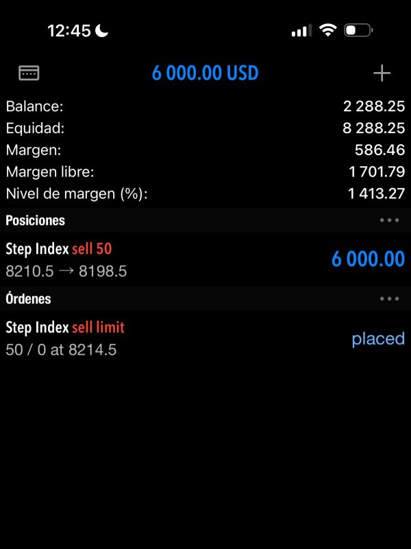 Pantalla de trading con saldo y órdenes en plataforma digital.