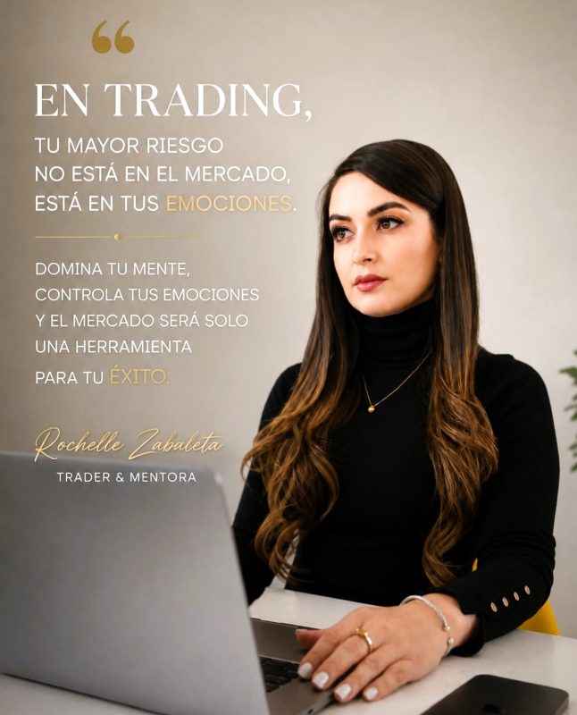 Mujer en oficina con laptop y frase motivacional sobre trading y emociones.