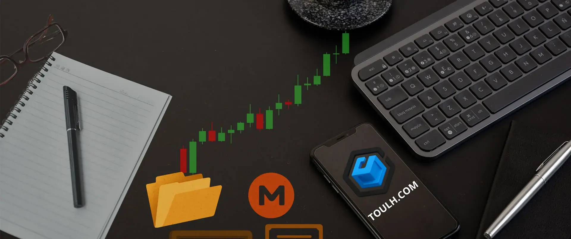 Gráfico de velas verde y rojo con accesorios de trading y dispositivos.