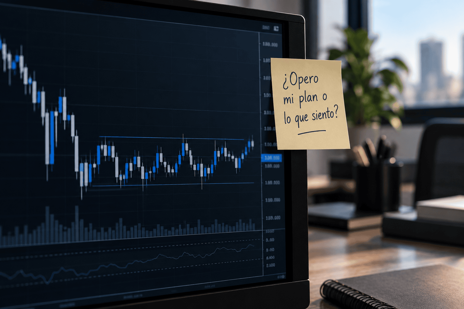 Nota ¿Opero mi plan o lo que siento? junto a un gráfico, psicotrading de Olga Paredes